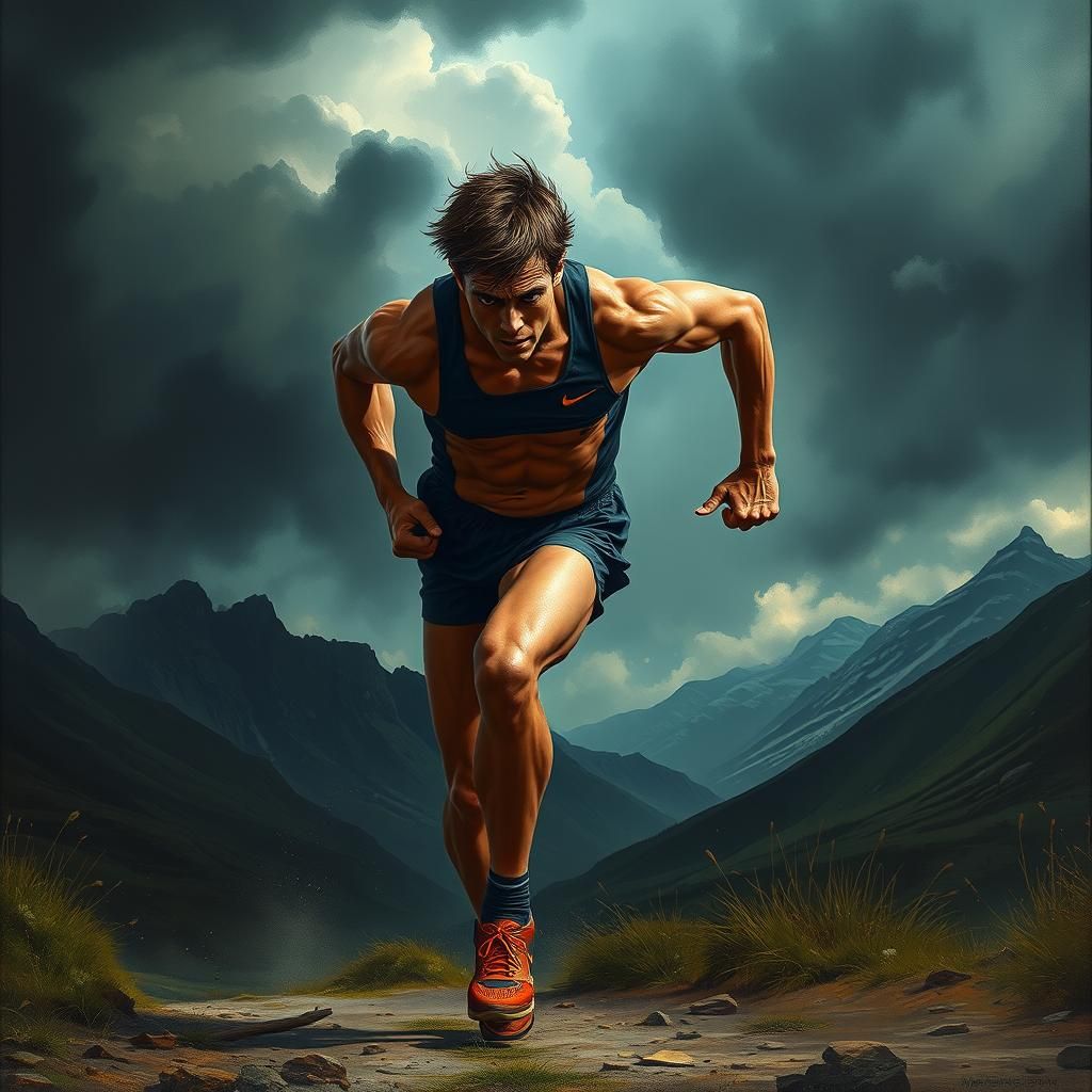 Athlete's Struggle: Dramatic Realism in Dark Landscape