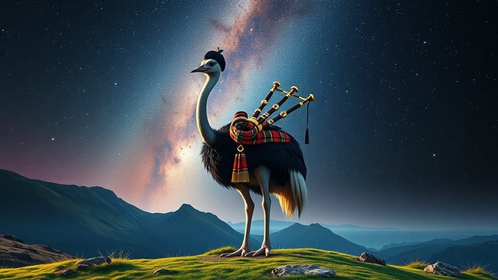 Majestic Ostrich Plays Bagpipes under the Milky Way in Cyber...