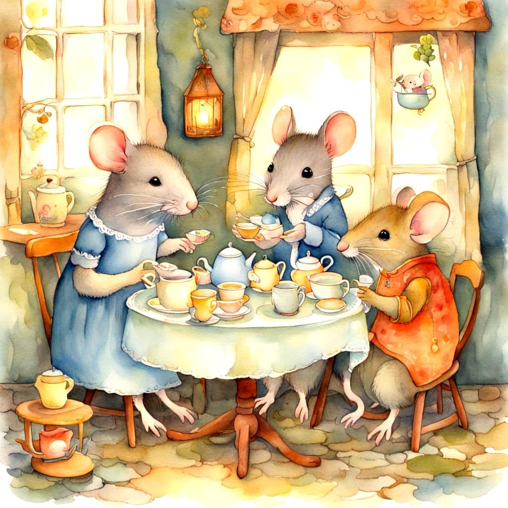 Mouse Family Tea Party in Watercolour Style