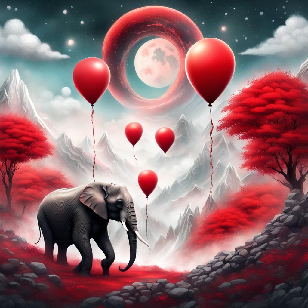 Surreal Mountain Scene with Elephants and Balloons