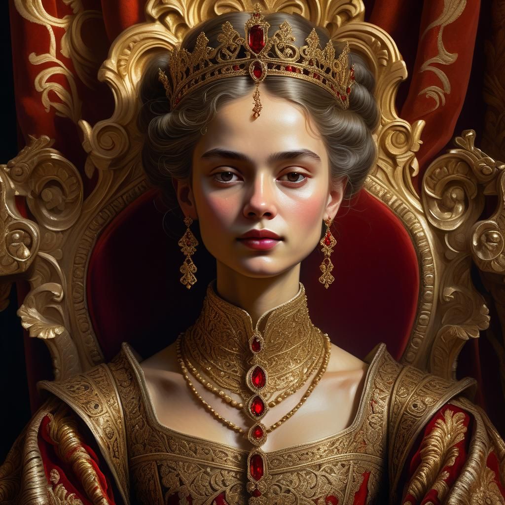 Queen on Throne in Baroque Style with Gold Filigree