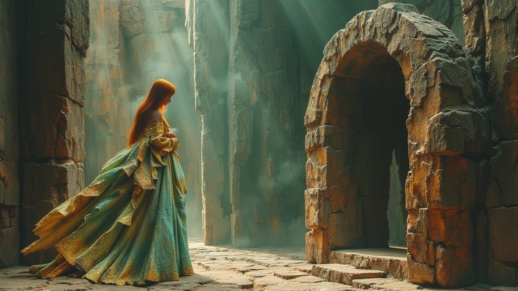 Mystical Woman Shakes Silence in Dark Oil Paint