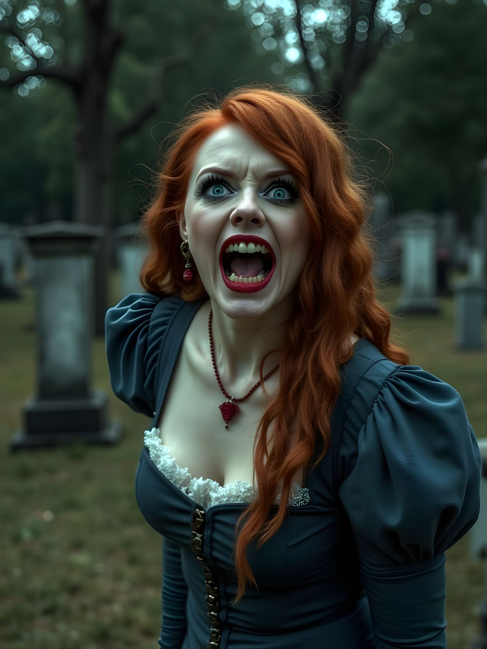 Terrified Victorian Woman in Graveyard, Cinematic Film Still