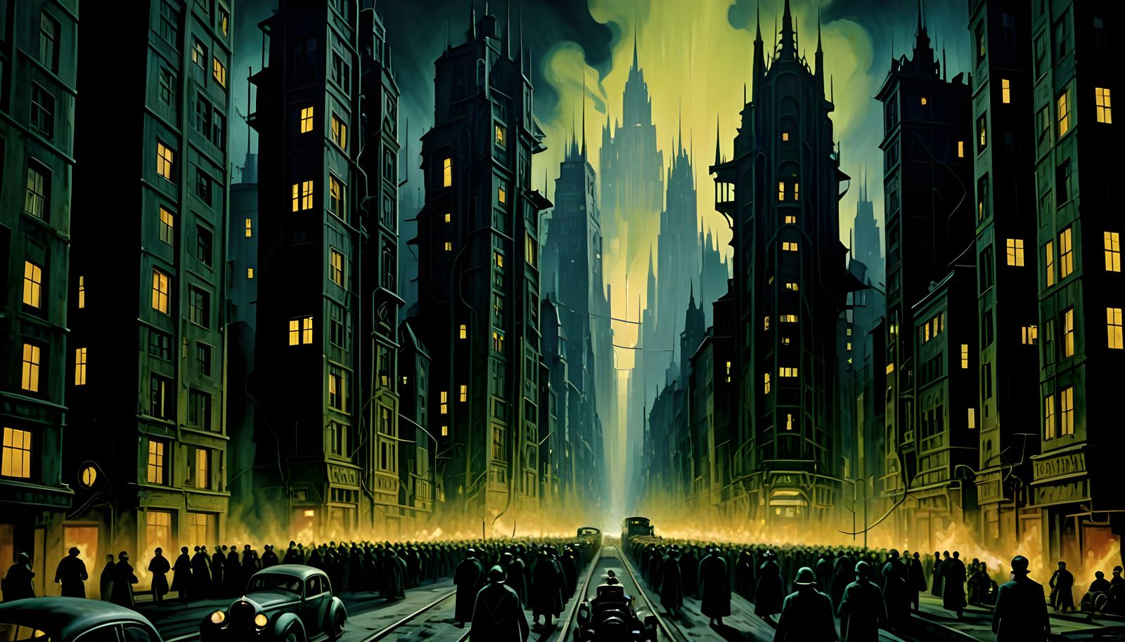 Distorted Metropolis at Dusk in Expressionist Style