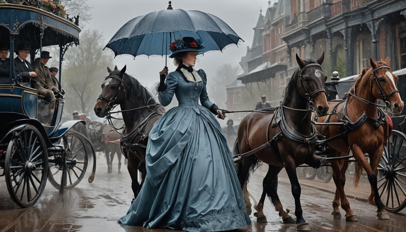 Victorian Woman Curtsies in the Rain