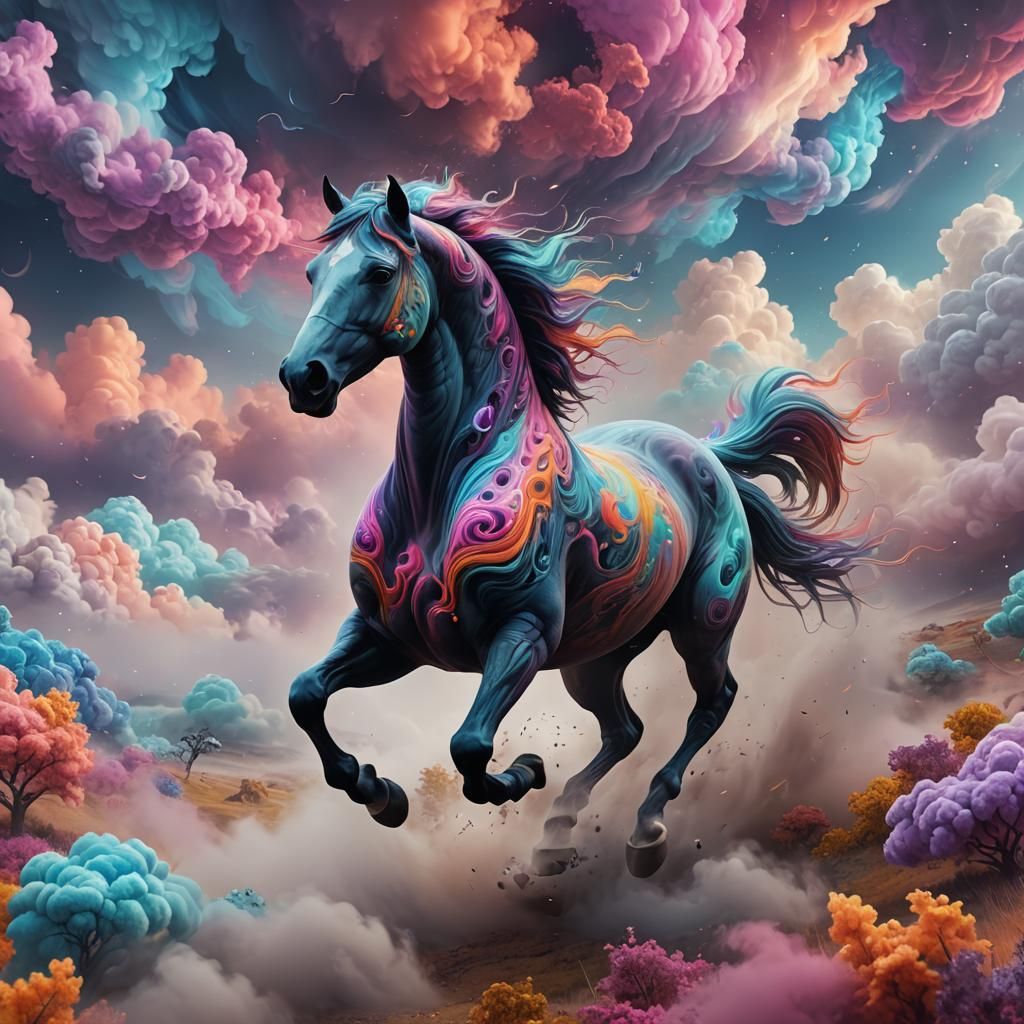 Fractal Horse Galloping Through Swirling Clouds
