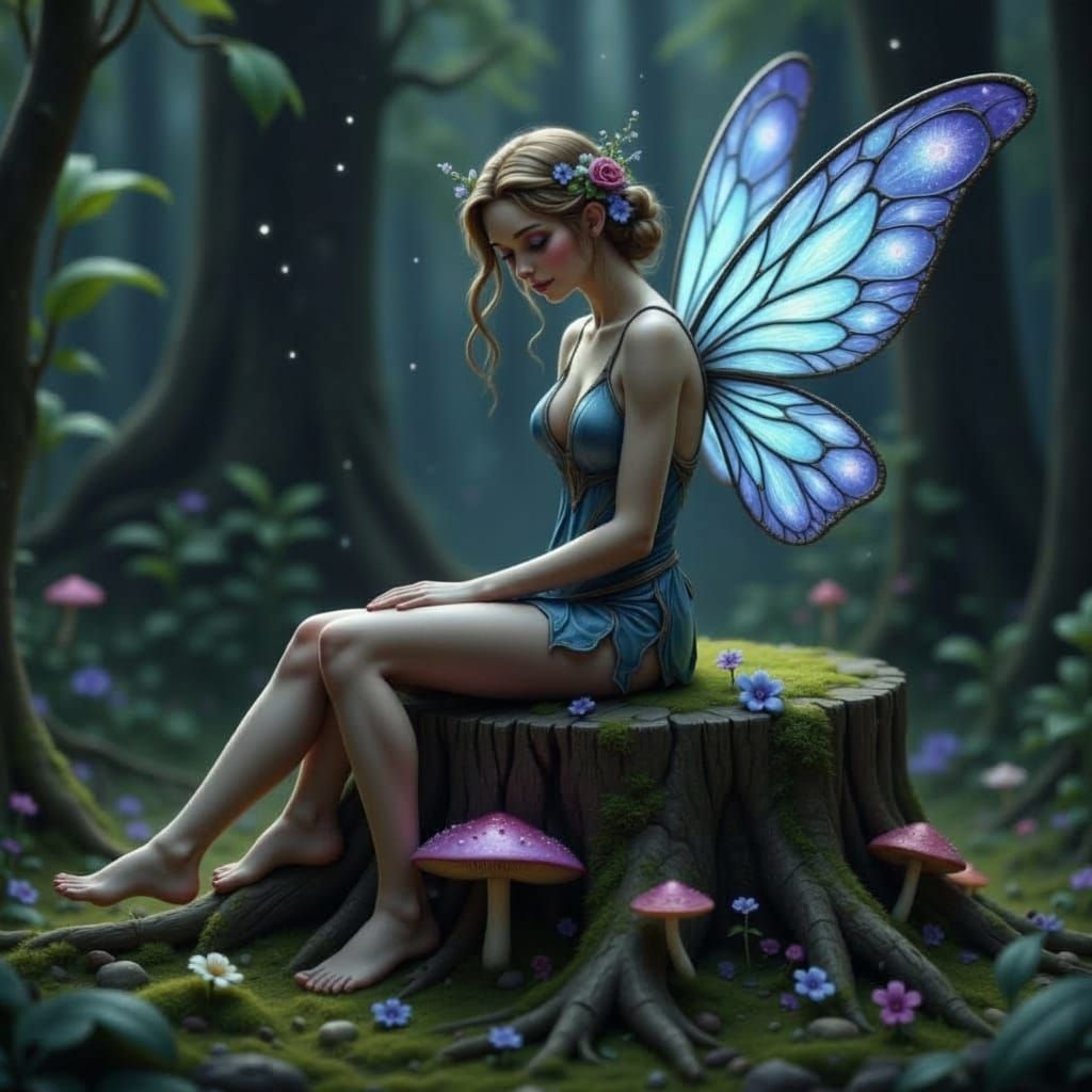 Delicate Fairy with Filigree Wings on Mossy Stump