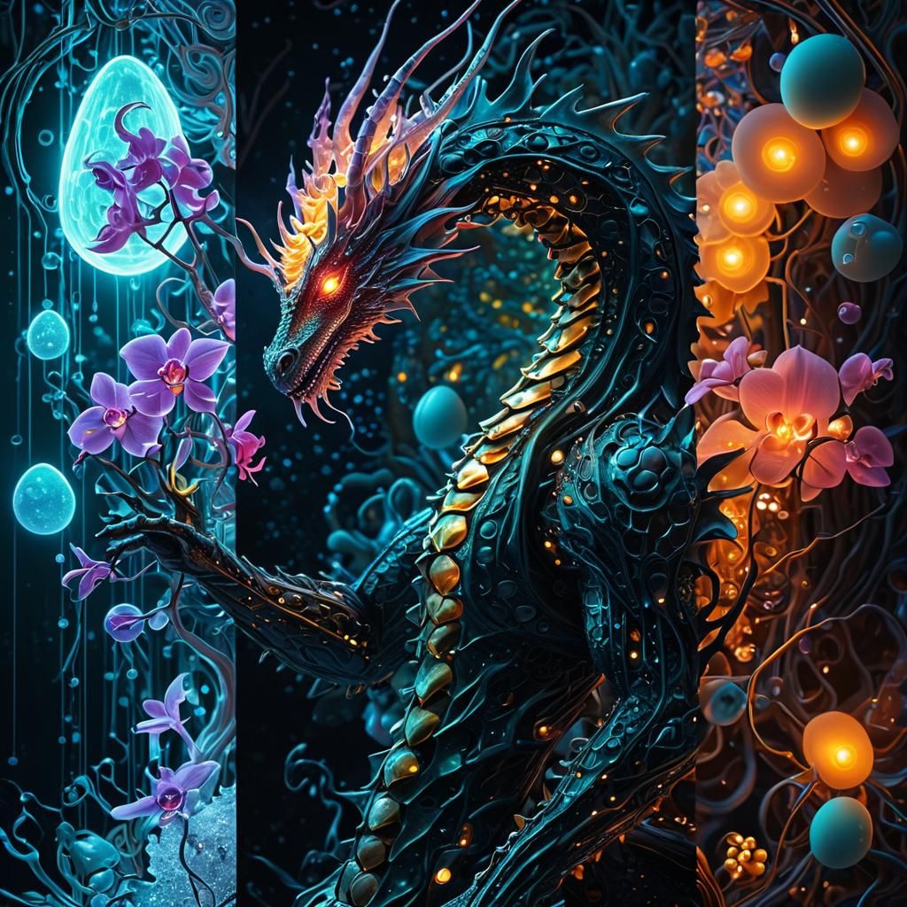 Iridescent Dragon in Surrealist Dreamscape, Bioluminescent A...