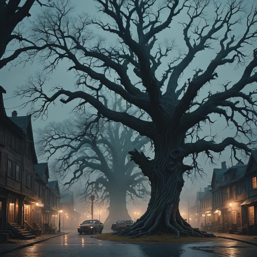 Mysterious Town Square at Dusk: Cinematic Matte Painting
