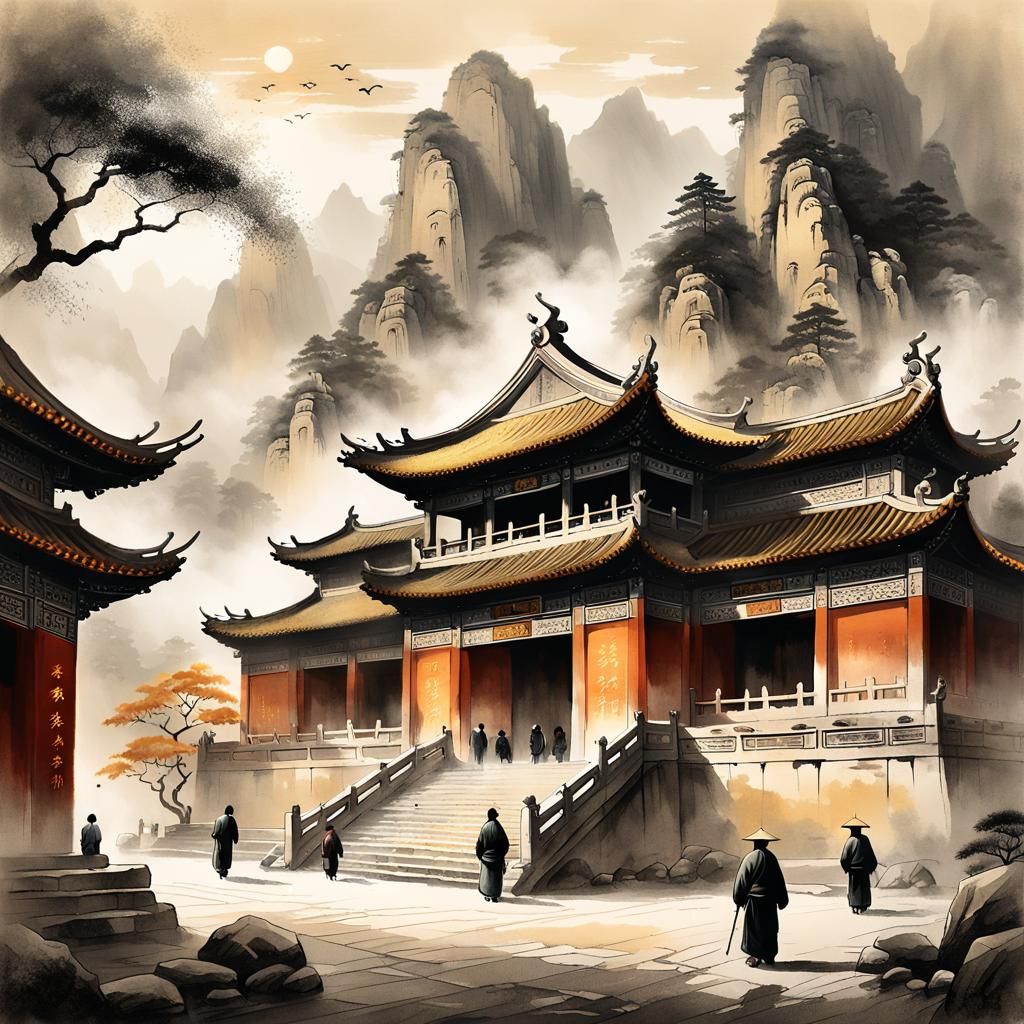 Serene Chinese Temple in Misty Mountains: Ink Painting