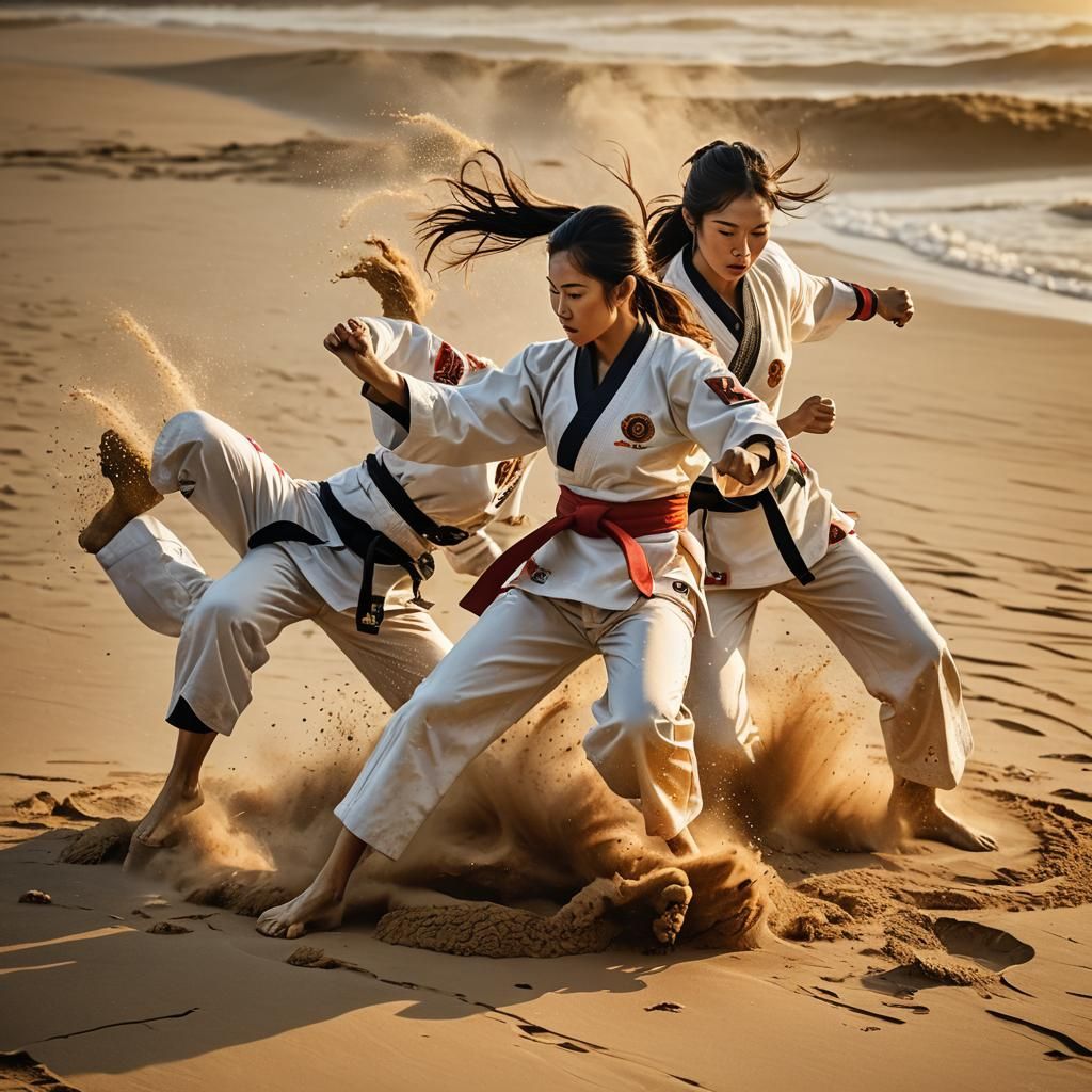 Vietnamese Girls in Taekwondo Fight at Sunset Beach