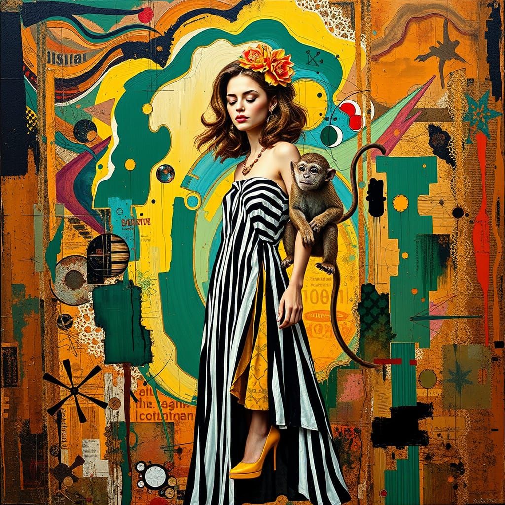 Vibrant Abstract Collage of Tired Woman with Monkey