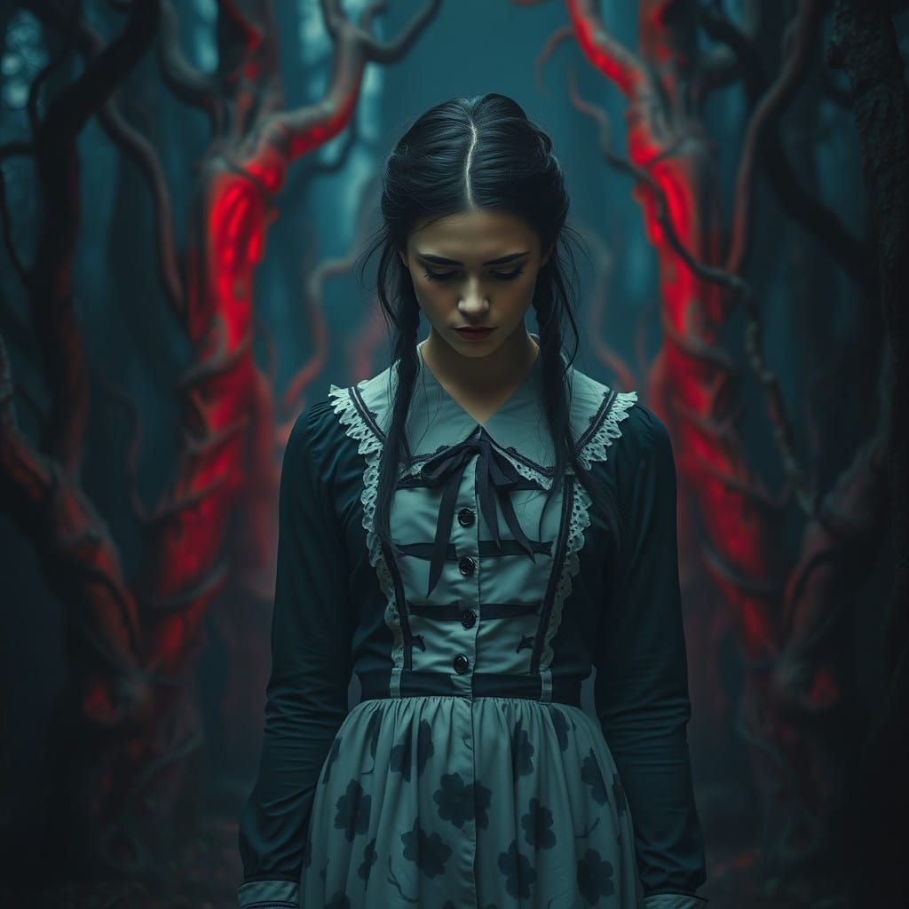 Victorian Schoolgirl Haunted by Shadows in a Surrealist Drea...