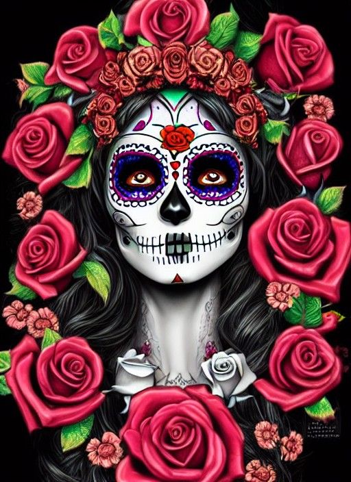 Day of the Dead Goddess with Roses and Skulls