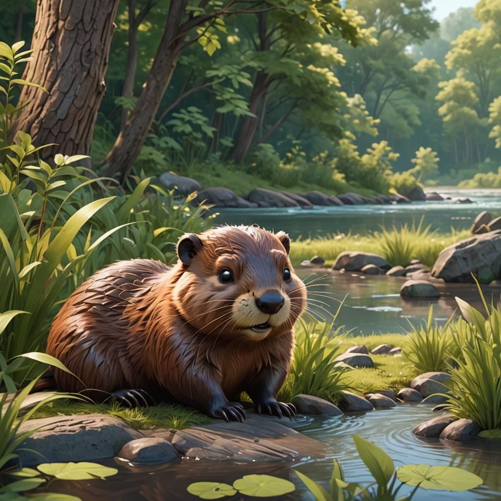 Adorable Beaver in Disney Anime Style Digital Art