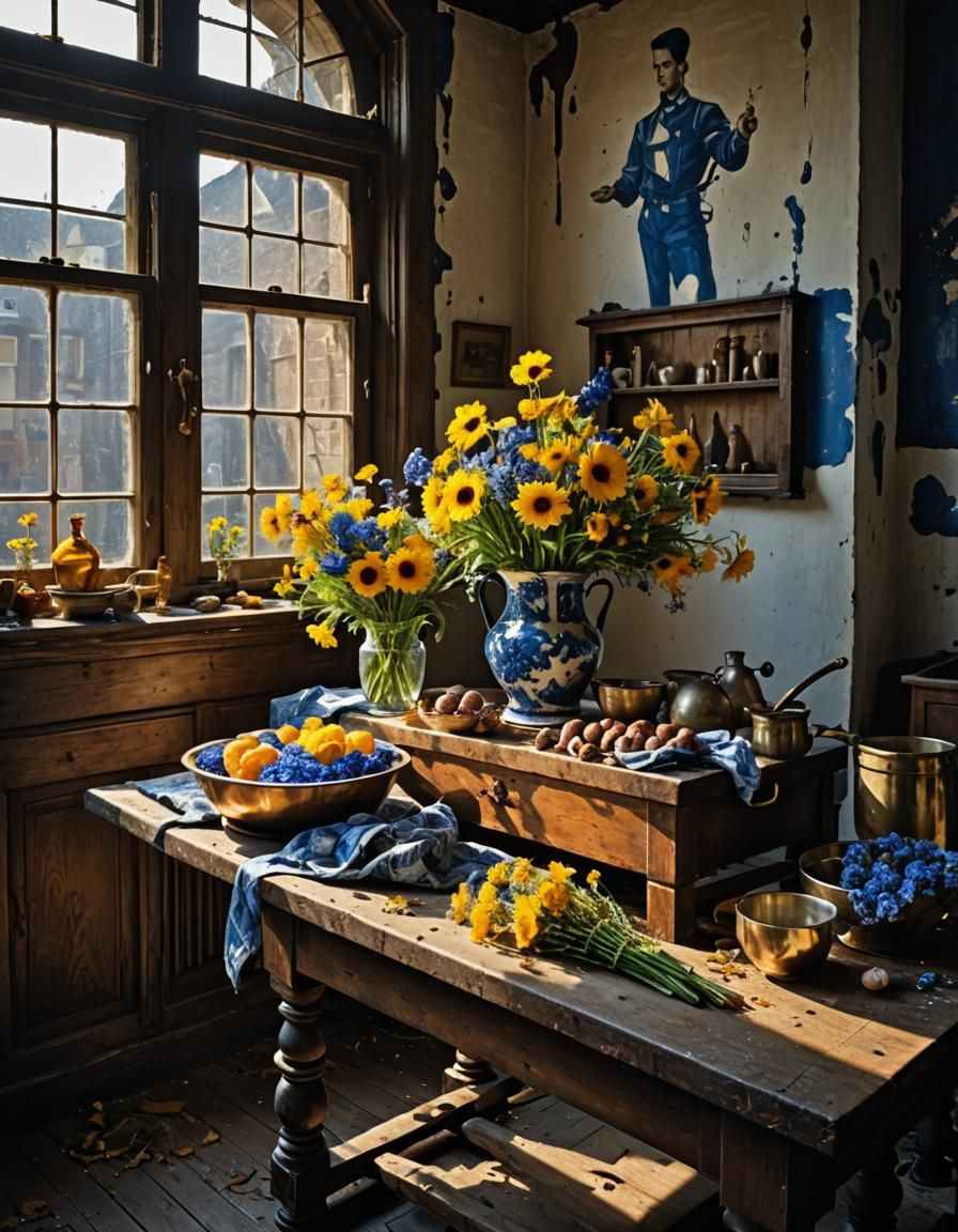 Hyperrealistic Flowers on Butcher Table, Magical Realism