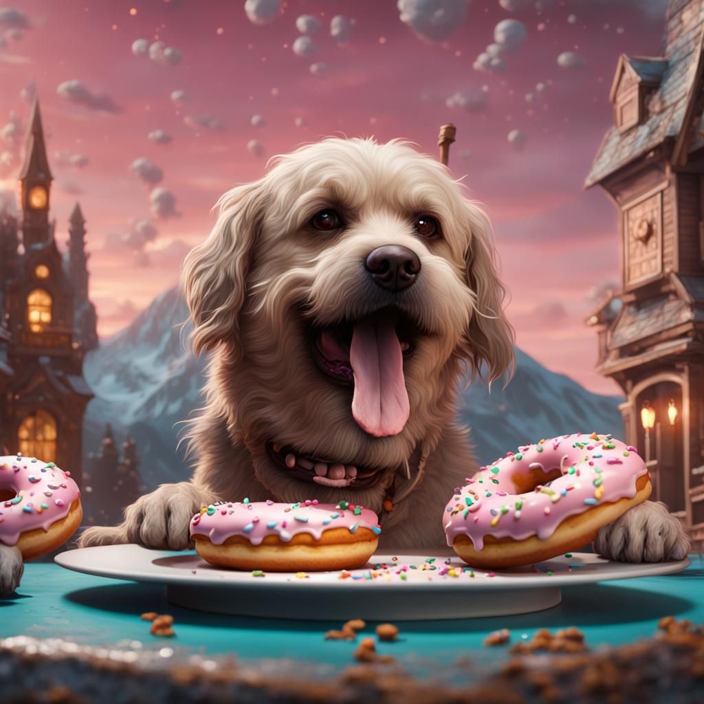 Dog Eating Donut in Detailed Matte Painting