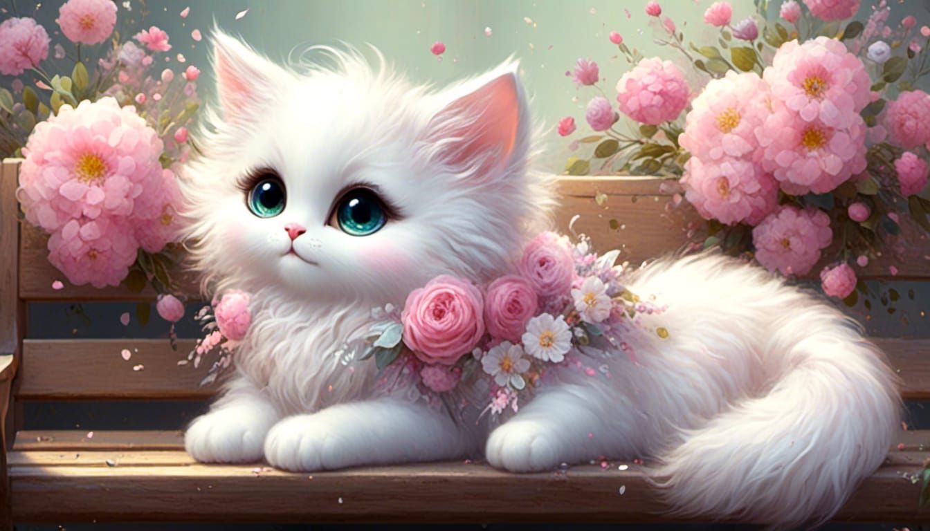 <lora:Ultra Cute:1.0> adorable fluffy white chibi cat sitting on a bench with a bouquet of pink flowers glimmer sparkle