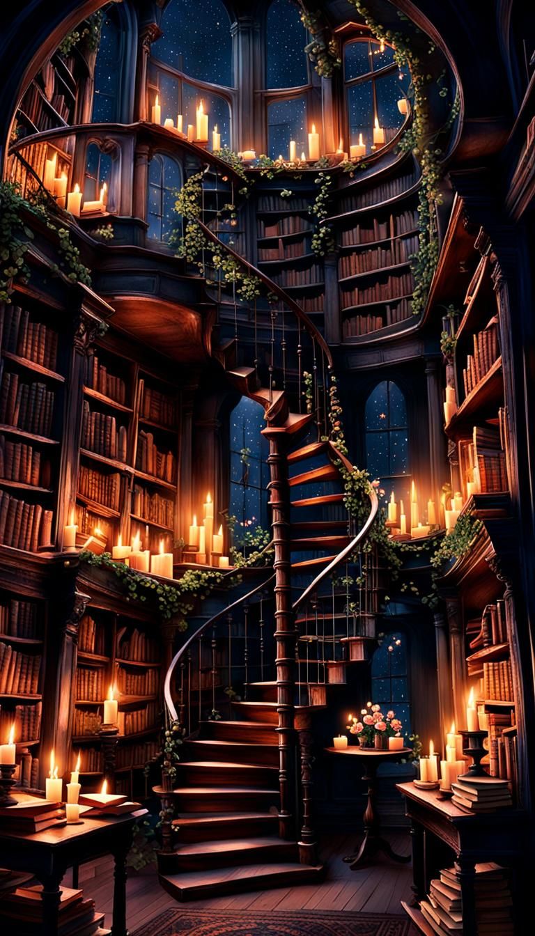 Cozy Midnight Library with Floating Candles