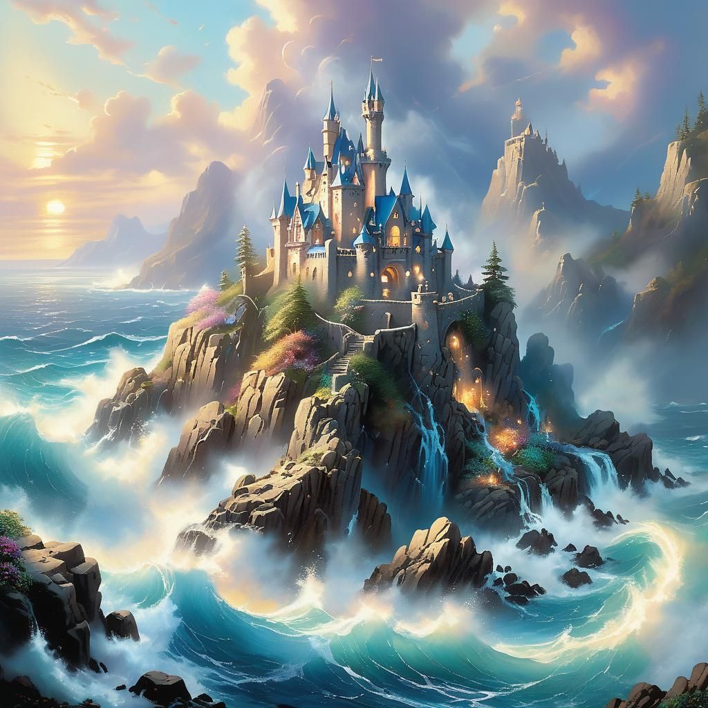 Mystical Castle on Rocky Shore in Fantasy Style