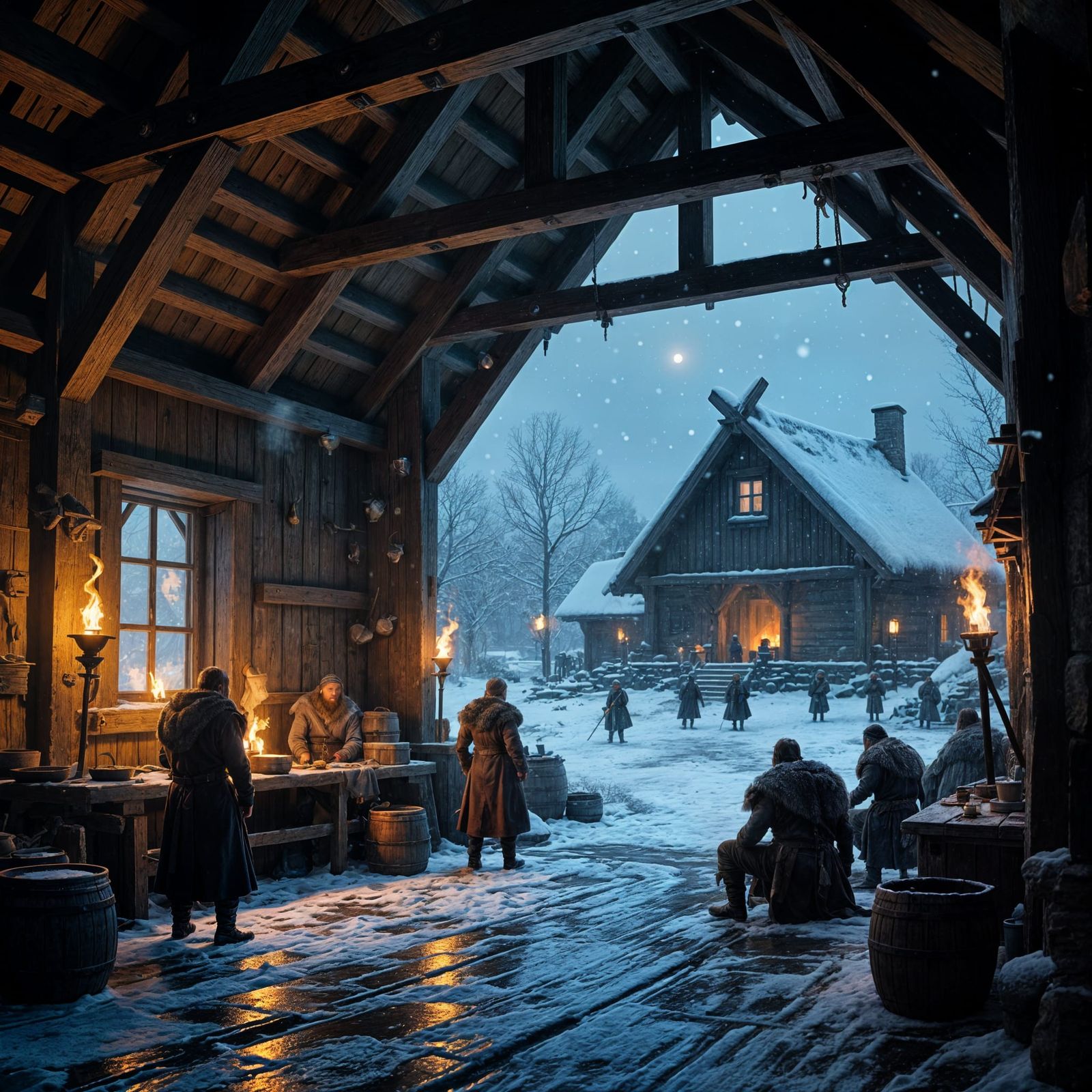 Viking Longhouse Interior With Torchlight and Snowstorm Outs...