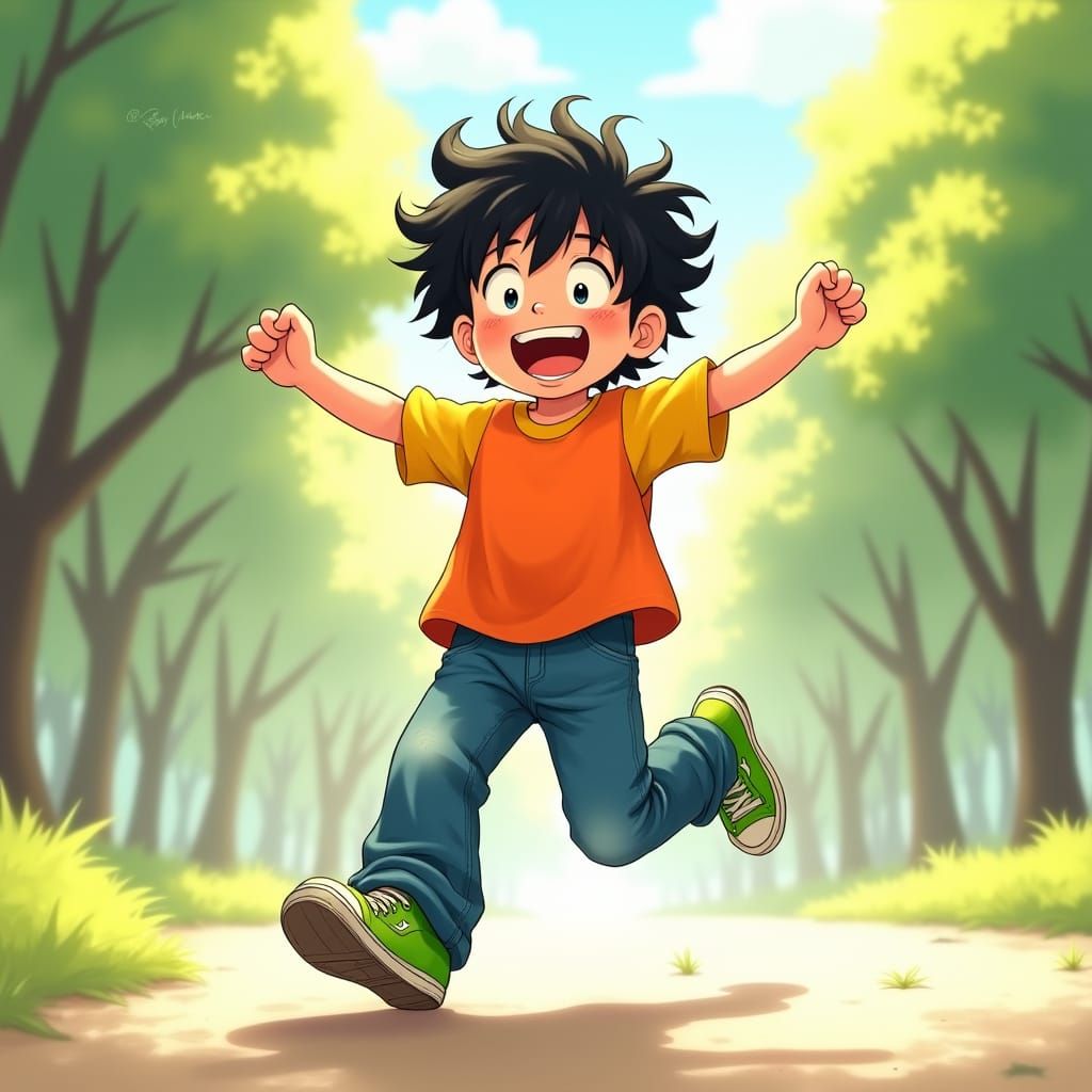 Boy's Joyful Playtime: Anime-Inspired Park Scene