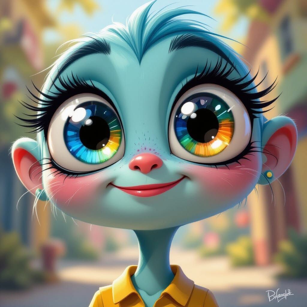 Whimsical Cartoon Character with Sparkling Eyes