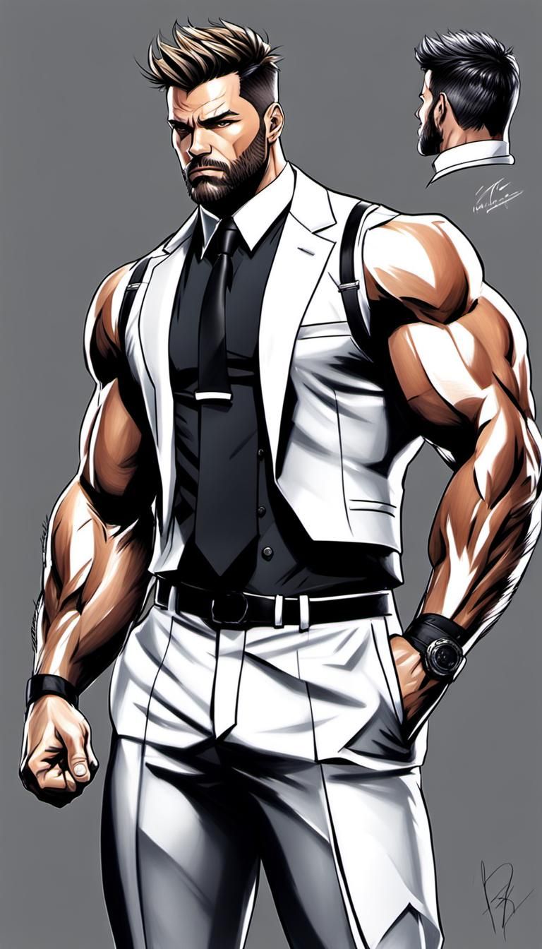 Buff Hairy Man in Suit: Anime-Inspired Art