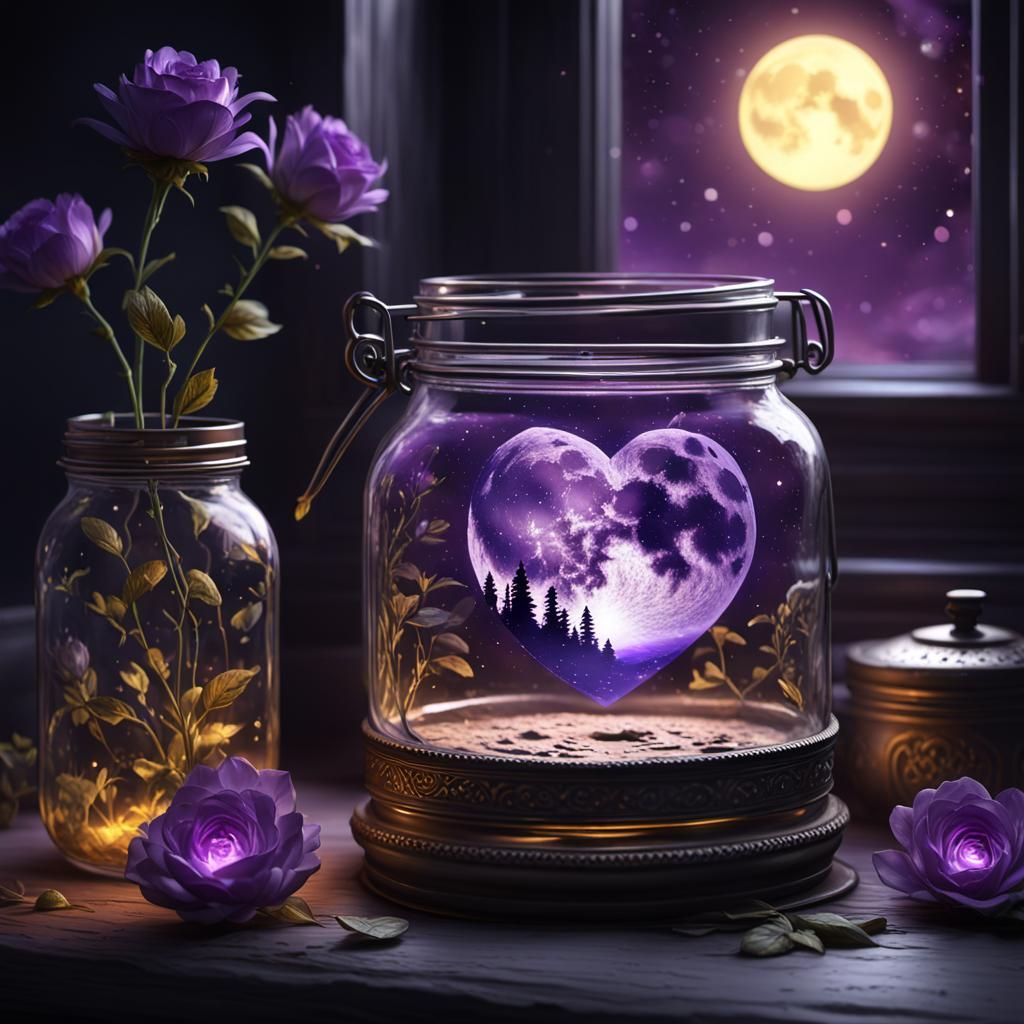 Heart Moon Illuminates Jar: Dark Fantasy Art