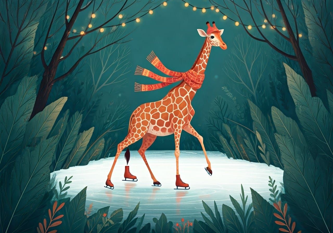Giraffe Ice Skater in Whimsical Winter Wonderland