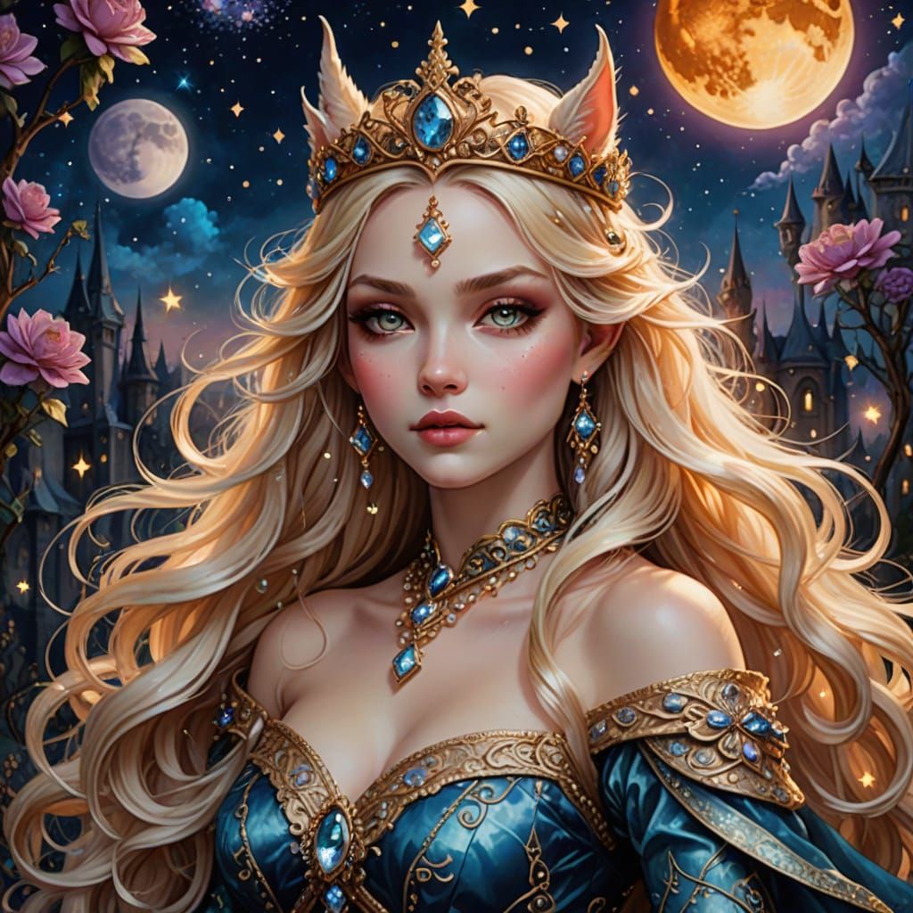 Cinematic Neko Fairy Princess on Unicorn with Glittering Dia...