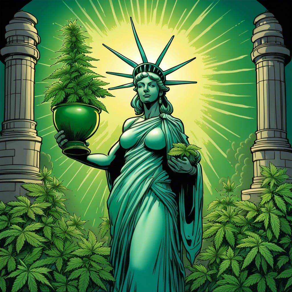Statue of Liberty with Cannabis Plant in Comic Art