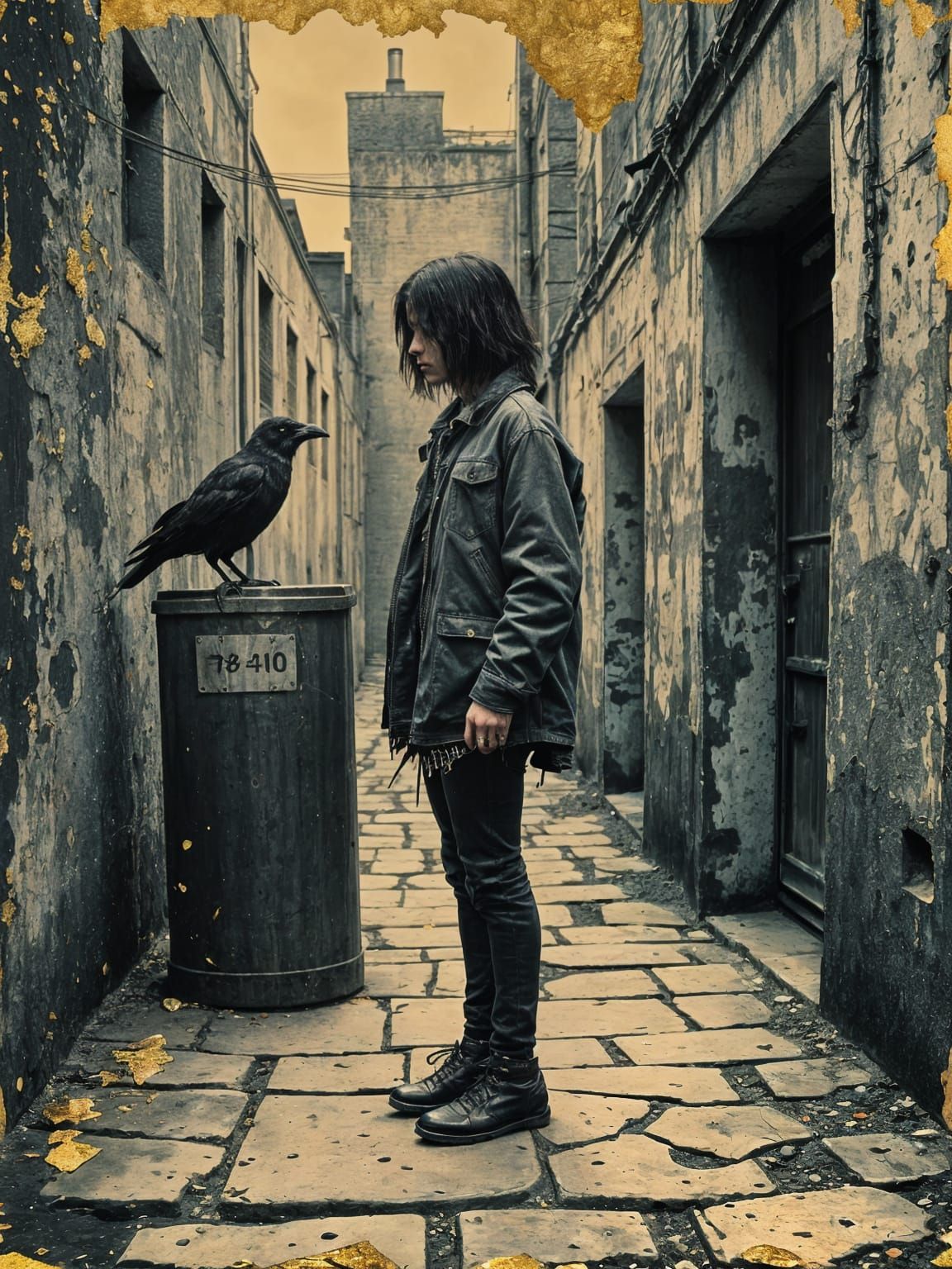 Crow and Human Confrontation in Grunge Style