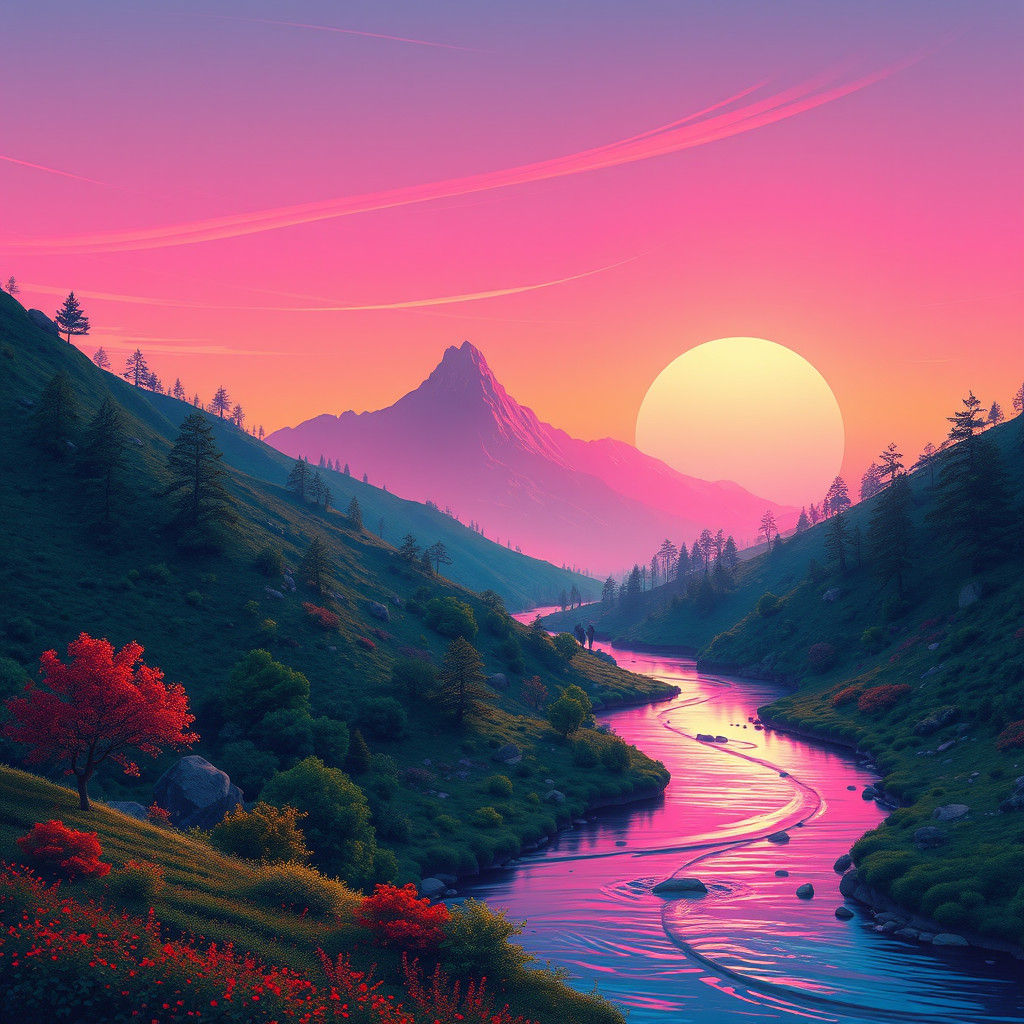 Synthwave River Valley Sunset Digital Painting