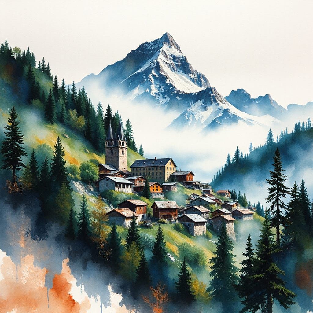 Mountain Village in Fractal Watercolour and Abstract Express...