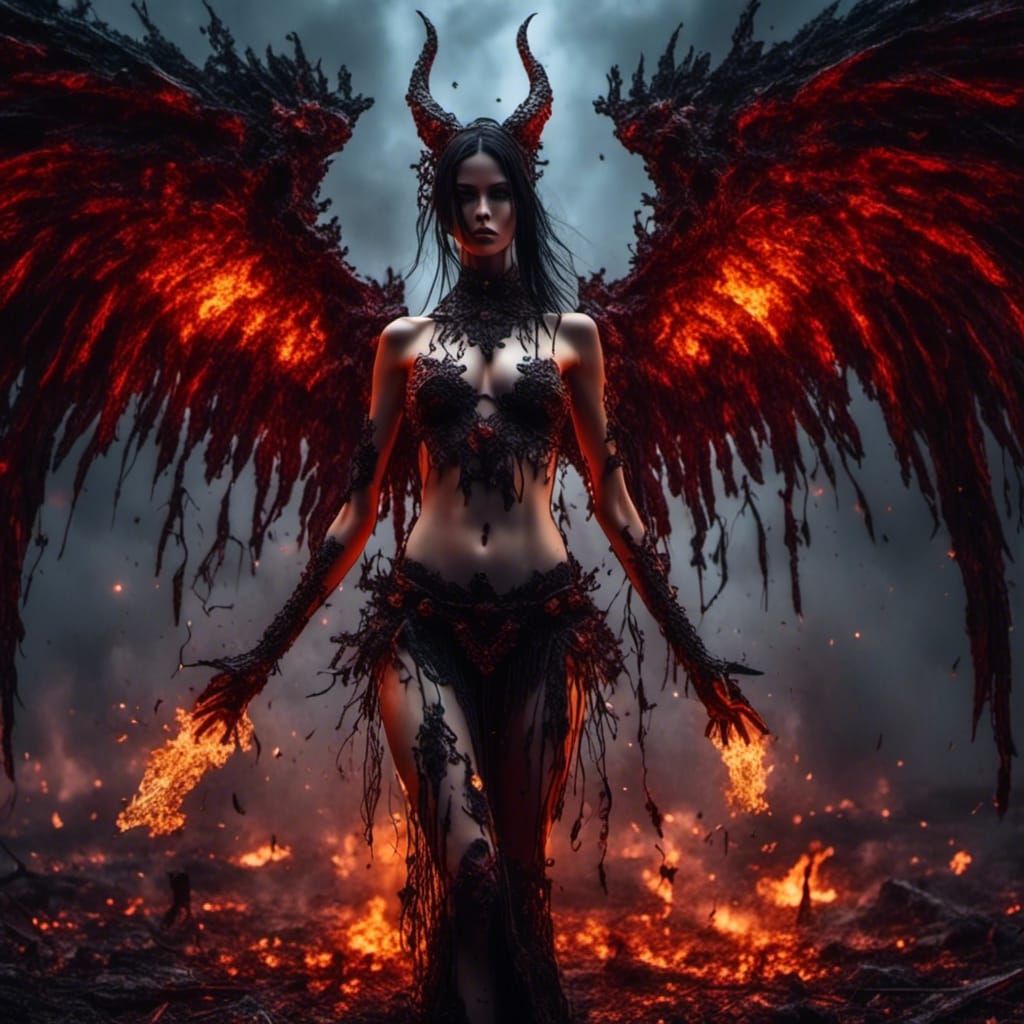 Striking Demon Woman in Burning Landscape