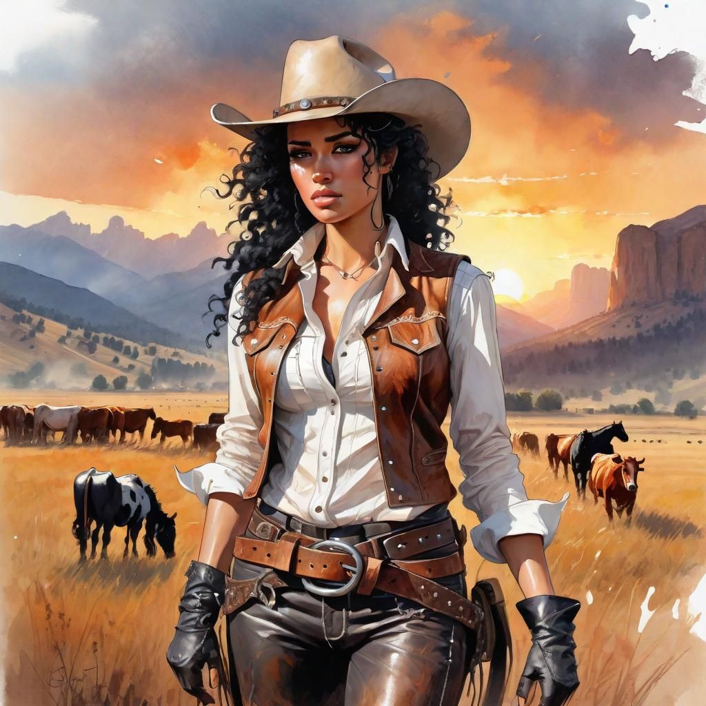 Goddess-Like Cowgirl at Sunset in Splash Art Style