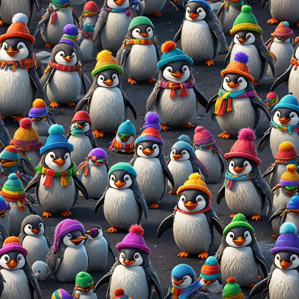 Rainbow Penguin with Fluffy Hat: Detailed Digital Art