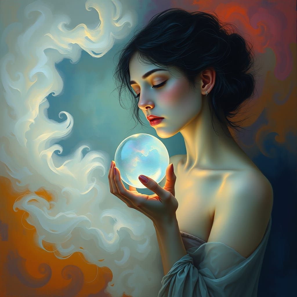 Dreamlike Surrealist Goddess in Iridescent Misty Realms