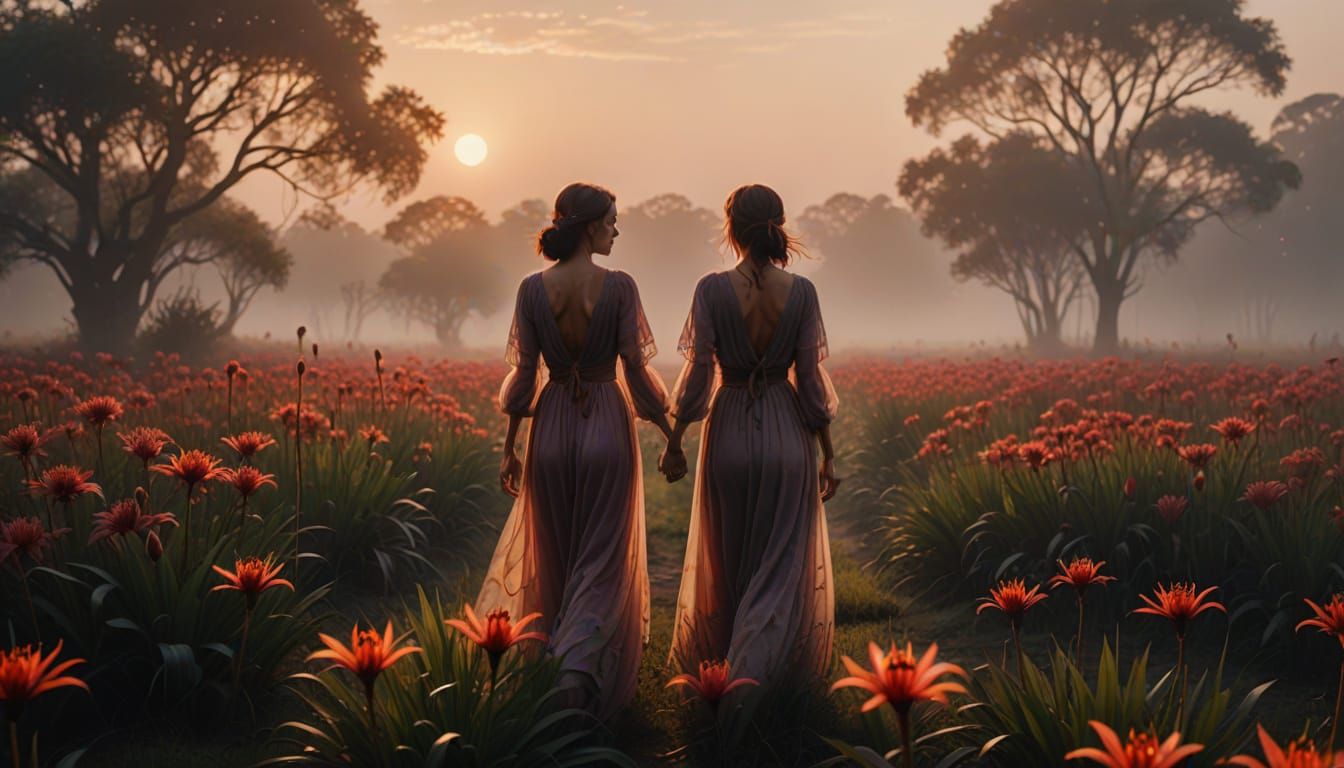 Two Women Hand in Hand in Red Lily Field at Sunrise