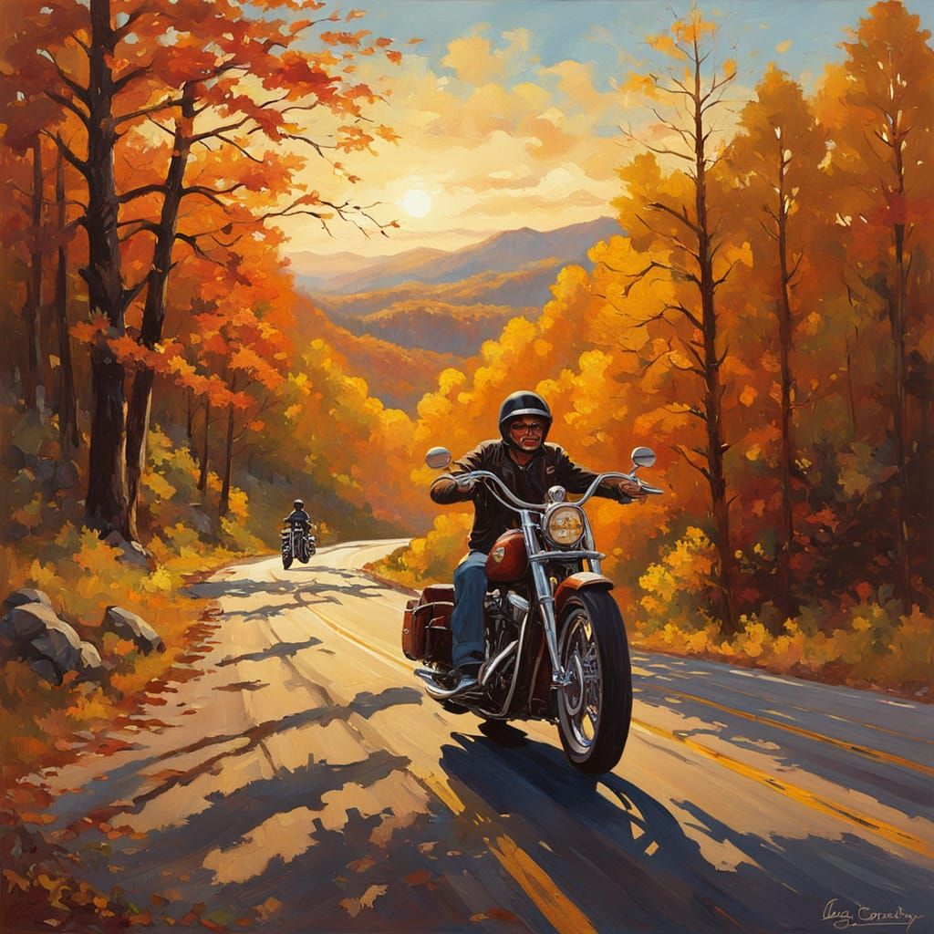 Motorcyclist Rides Chopper on Endless Road as Oil Painting