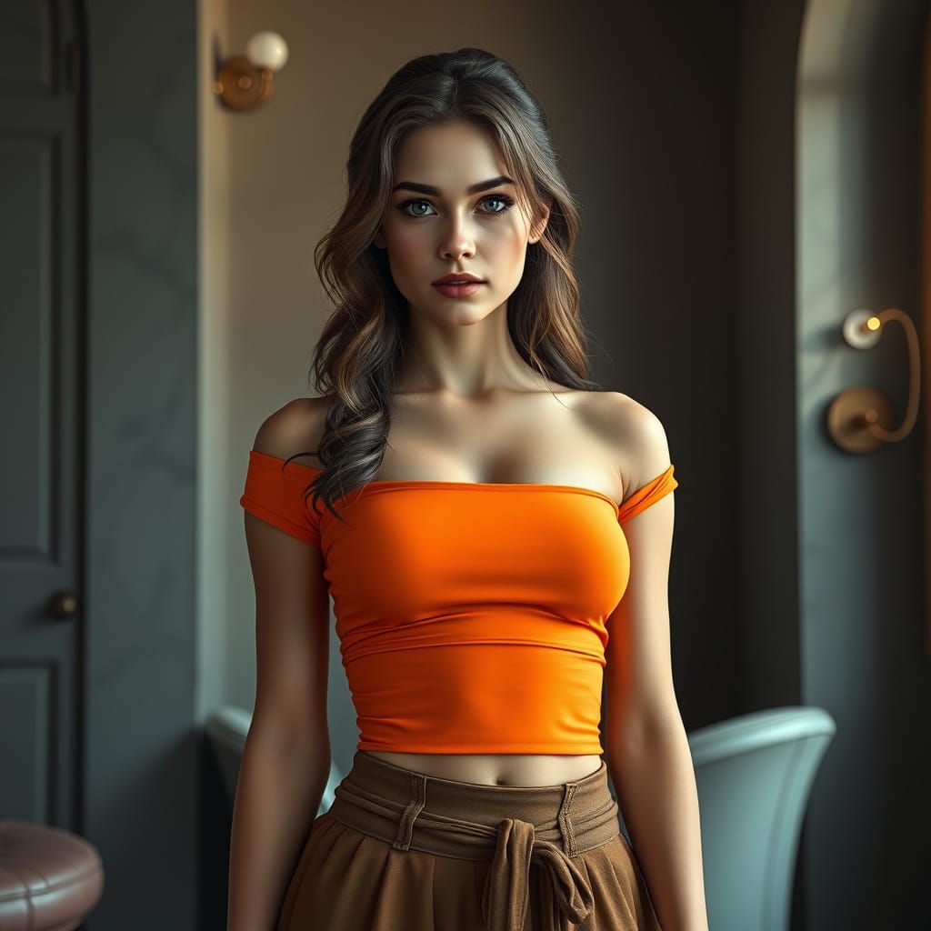 Young Woman in Vibrant Orange, High-Fantasy Digital Painting