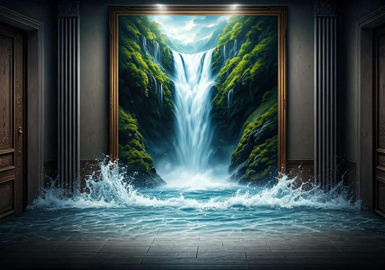 Waterfall Flows Out of Painting in High Definition