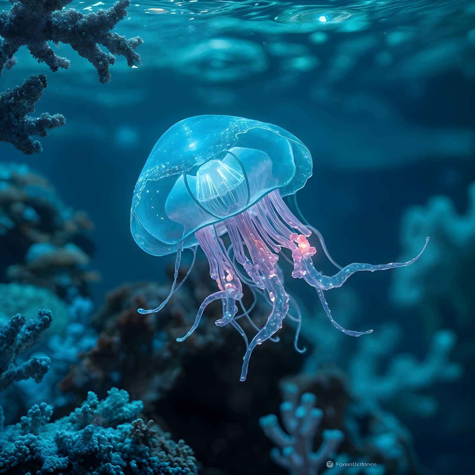 Bioluminescent Jellyfish Drifting Through Glass Coral Reef