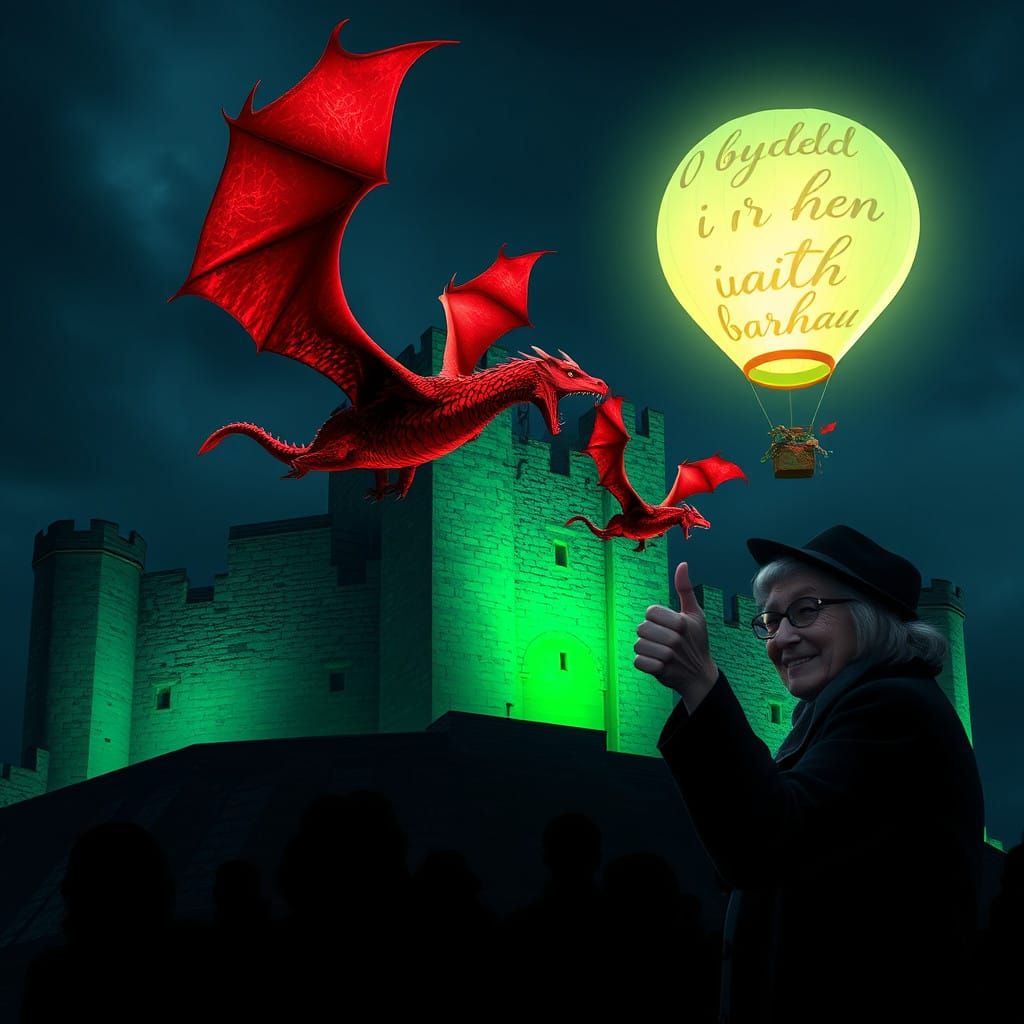 Emerald Caernarfon Castle Soars with Crimson Dragons in Midn...