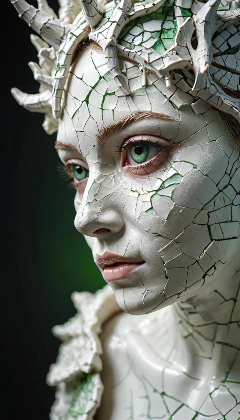 Cracked Porcelain Figurine with Green Eye in Macro