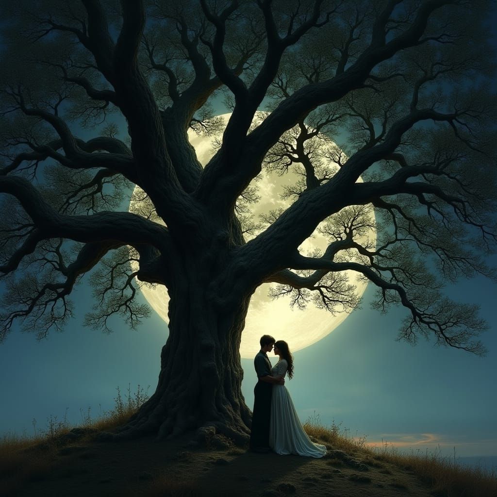 Moonlit Oak Tree Embrace in Romantic Style