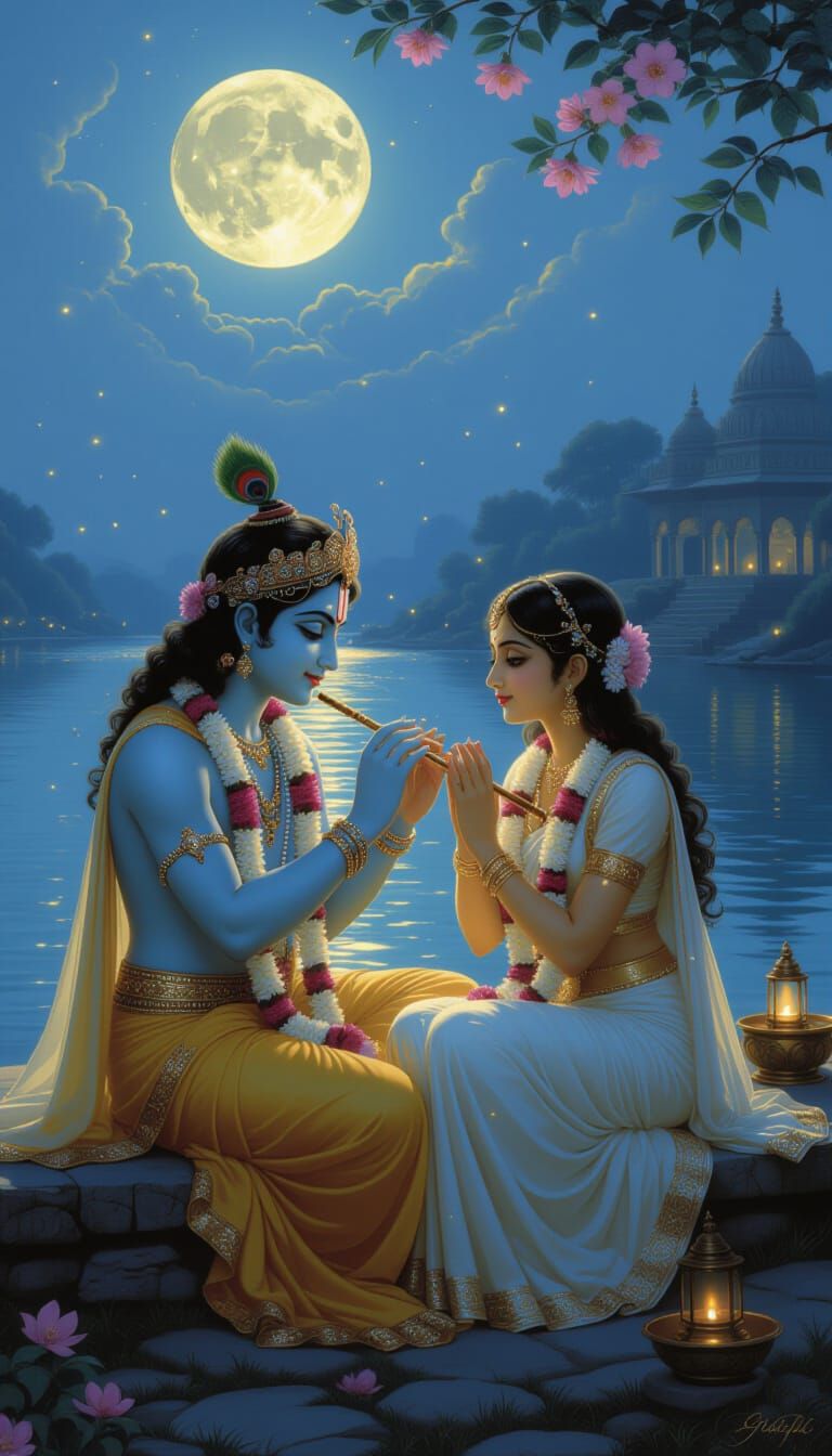 Krishna and Girl in Moonlit Vrindavan, Dreamy Realism