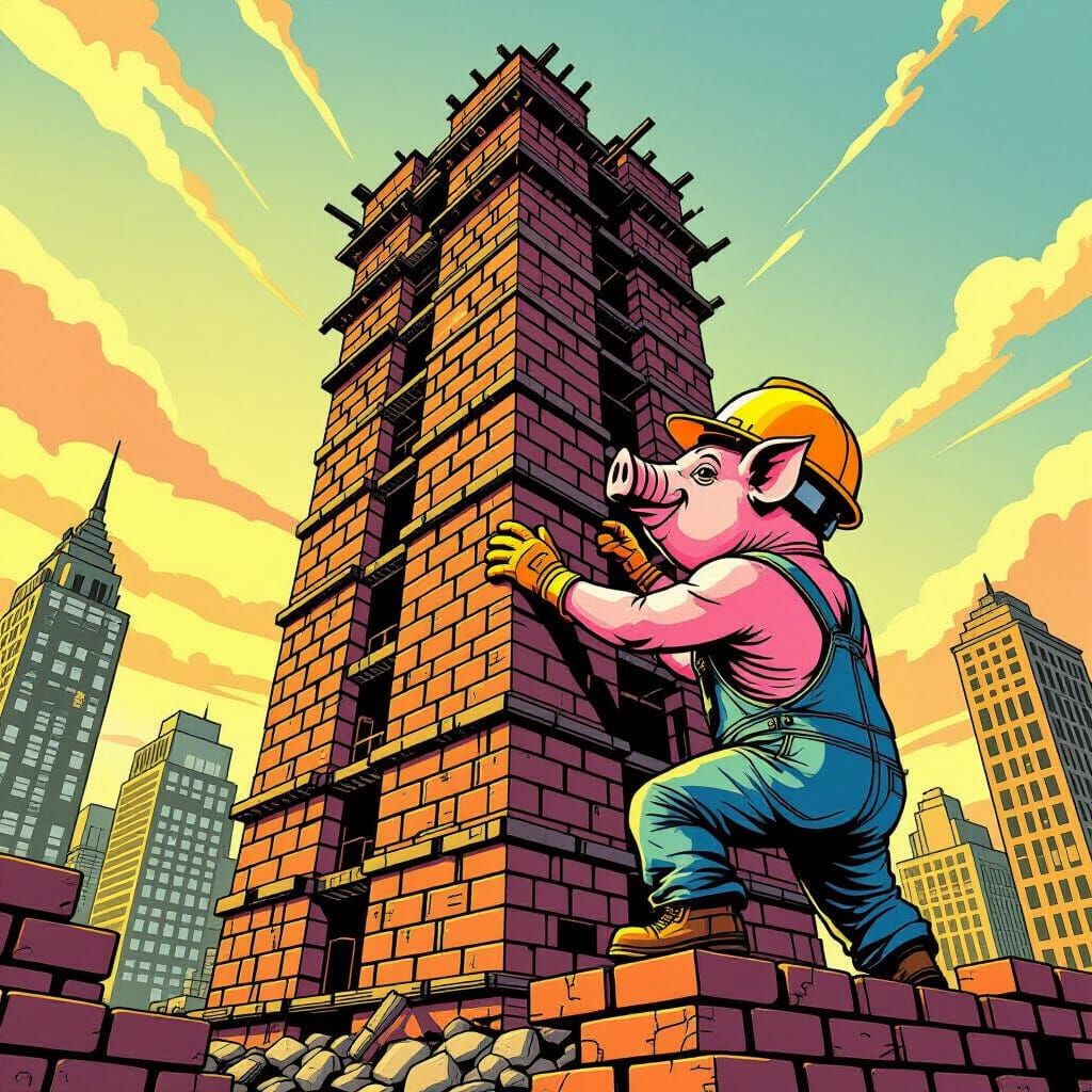 Pig Builds Brick Skyscraper in Comic Book Style