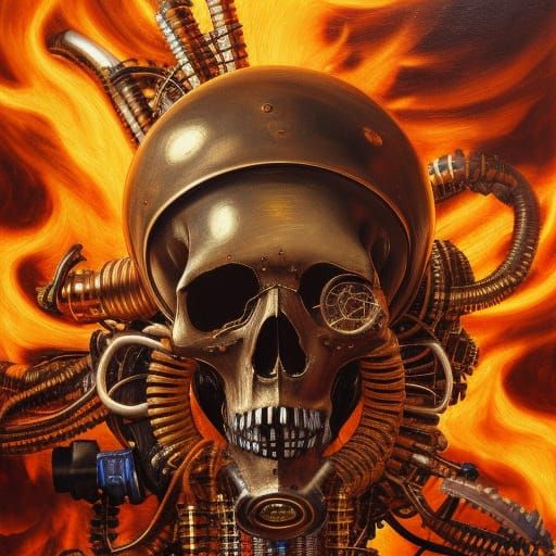 Fiery Steampunk Biomechanical Skull in Maximalist Style